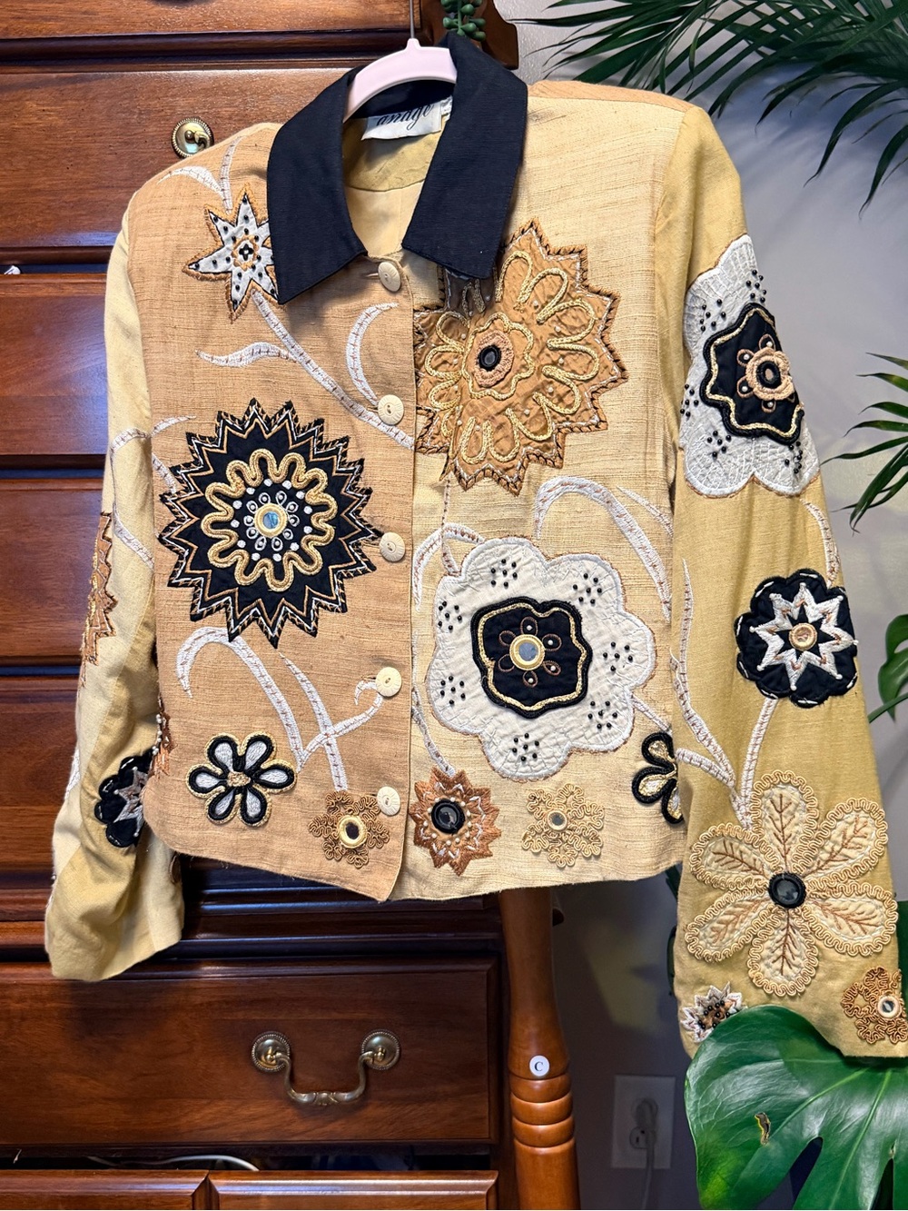 Anage khaki and Black Embroidered Floral Patchwork Jacket